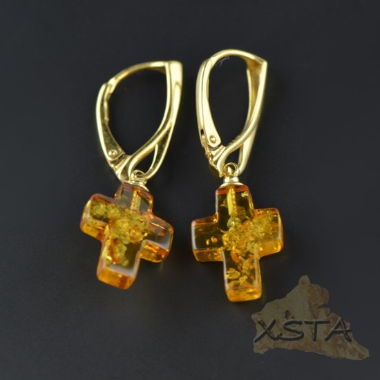 Cross Baltic amber earrings with silver